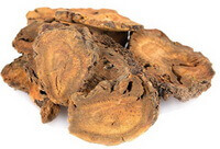 dried dark yellow herb slices of Rhubarb Root are piled together